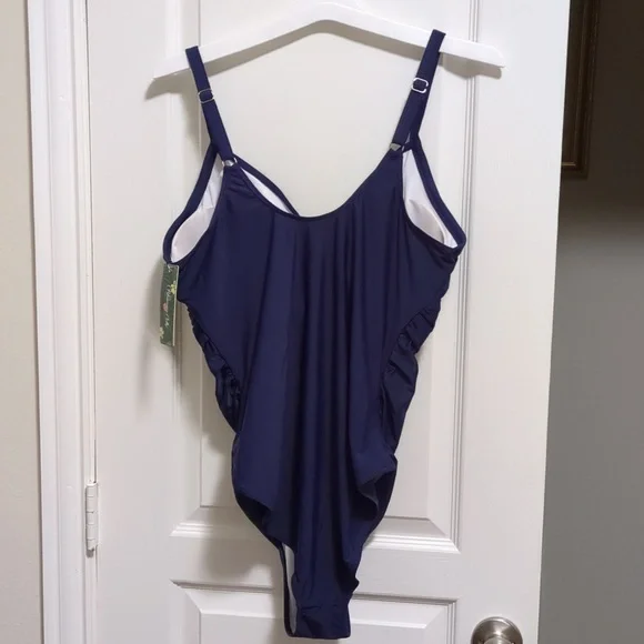 Dark Blue Tummy Control Swimsuit With Cut Out And Ruched Sides - Picture 6 of 7